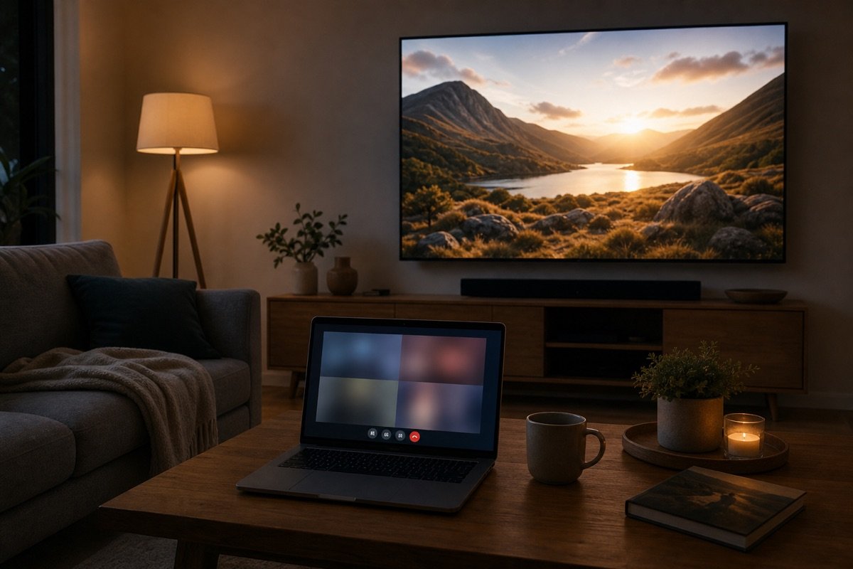 Großer Fernseher in einem gemütlichen Wohnzimmer am Abend